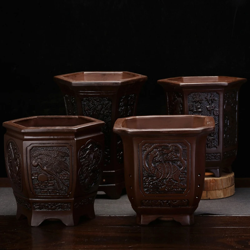 Tagine Clay Pot - Chinês artesanal esculpido roxo argila Flowerpot,